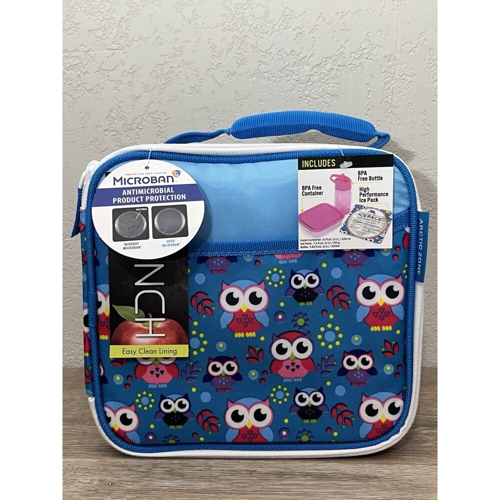 Arctic Zone Blue Insulated Owls Lunch Kit Food Container Pink Bottle Ice Pack